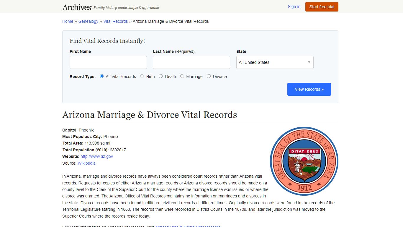 Arizona Marriage & Divorce Records | Vital Records - Archives.com